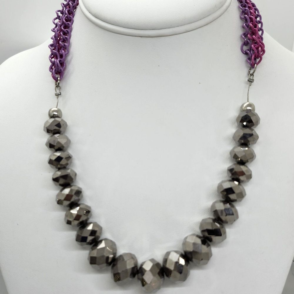 Pink‎ And Purple Silver Graduated Faceted Bead Necklace